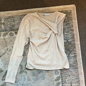 Zara Beige Draped Long Sleeve Blouse